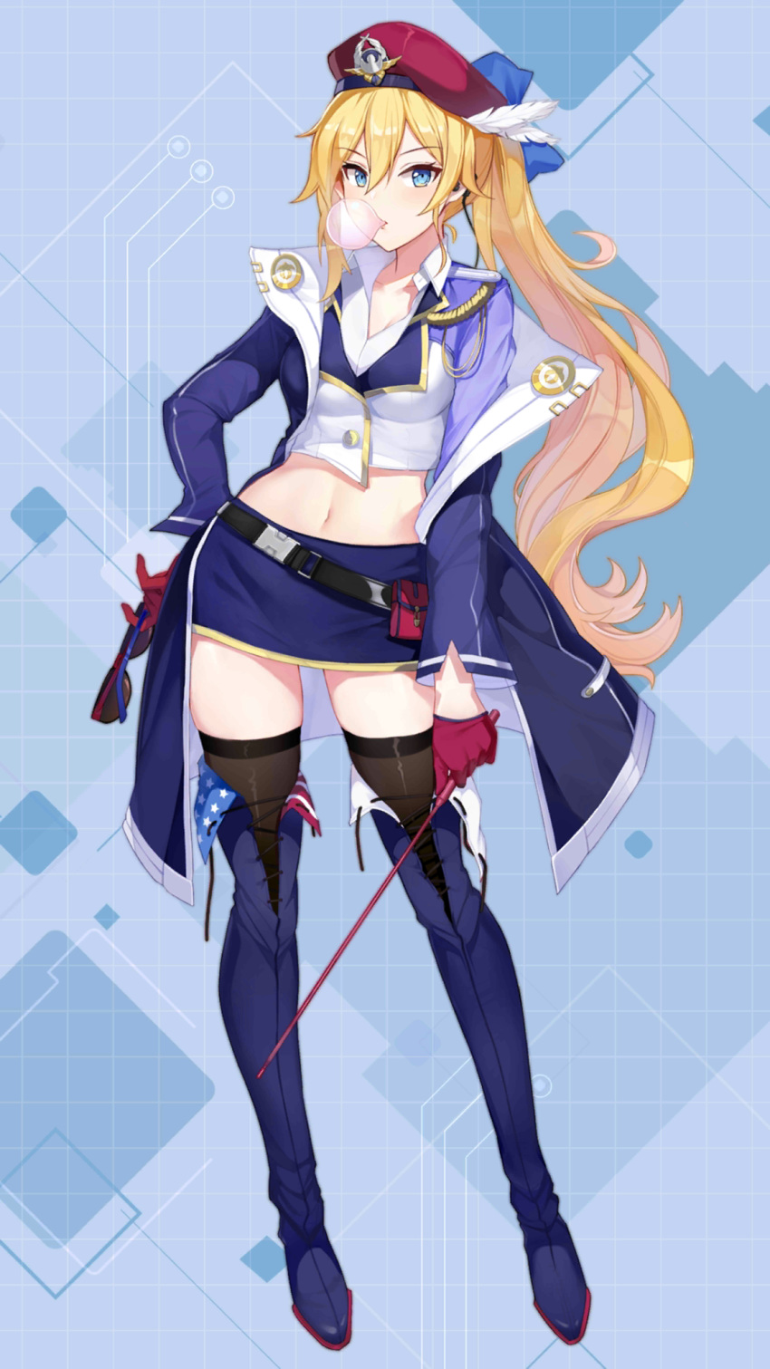 1girl aiguillette belt black_legwear blonde_hair blue_coat blue_eyes blue_footwear blue_skirt boots breasts bubble_blowing coat collared_shirt criin crop_top earphones eyewear_removed full_body girl_cafe_gun gloves hair_between_eyes hand_on_hip hat highres holding juno_emmons large_breasts long_hair long_sleeves looking_at_viewer midriff miniskirt navel off_shoulder official_art open_clothes open_coat ponytail red_gloves red_headwear riding_crop shirt skirt solo standing sunglasses thigh-highs thigh_boots very_long_hair white_shirt zettai_ryouiki