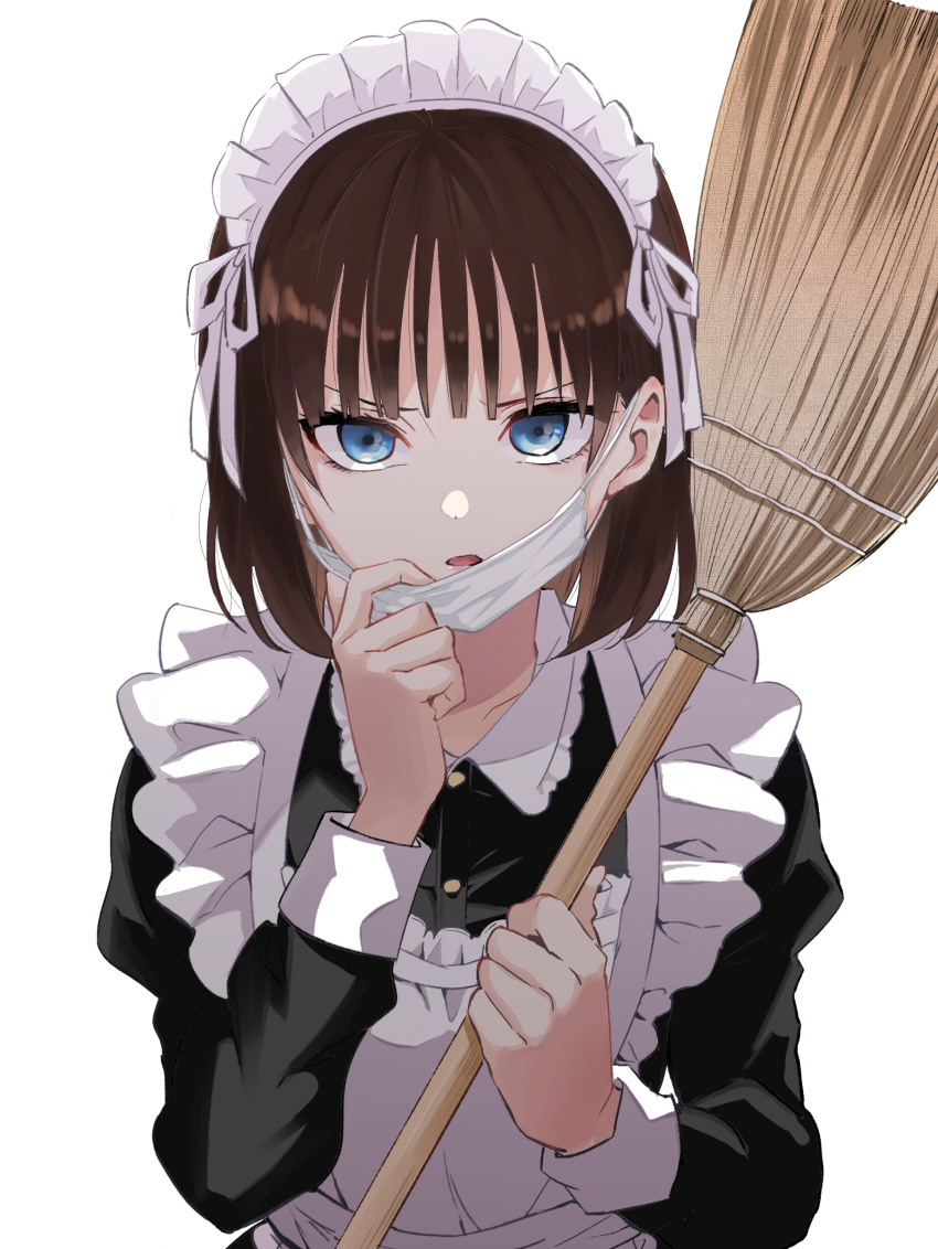 1girl absurdres apron bangs black_dress blue_eyes broom brown_hair dress eyebrows_behind_hair frilled_apron frills hand_up highres holding holding_broom juliet_sleeves long_sleeves looking_at_viewer maid maid_apron maid_headdress mask mask_pull mouth_mask natsupa original parted_lips puffy_sleeves pulled_by_self shadow simple_background solo surgical_mask upper_body v-shaped_eyebrows white_apron white_background