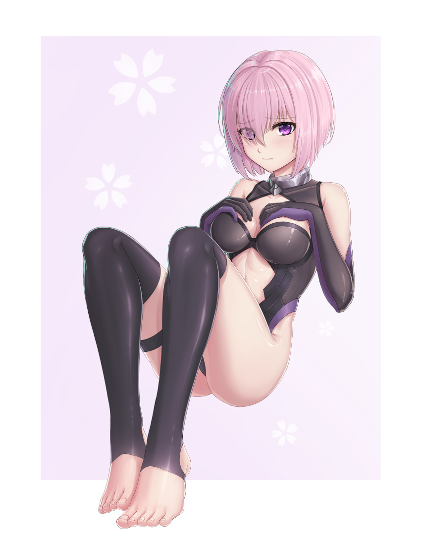 1girl absurdres ass bangs bare_shoulders black_gloves blue_background blush boodeul breasts collarbone commentary_request elbow_gloves eyebrows_visible_through_hair eyes_visible_through_hair fate/grand_order fate_(series) frown gloves hair_over_one_eye highres large_breasts lavender_hair looking_at_viewer mash_kyrielight no_shoes purple_gloves short_hair simple_background solo toeless_socks toes two-tone_background violet_eyes white_background