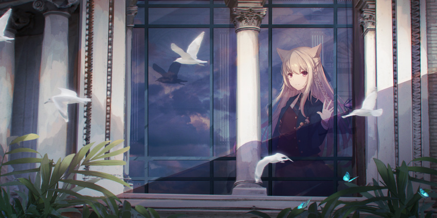 1girl absurdres animal_ears bangs bird blonde_hair blue_jacket braid brown_dress brown_eyes bug butterfly buttons closed_mouth clouds commentary_request dress fantasy hair_ribbon hand_on_window highres insect jacket leaf long_hair necktie original reflection ribbon sagiri_(ulpha220) scenery shadow shirt sky smile solo standing white_shirt window