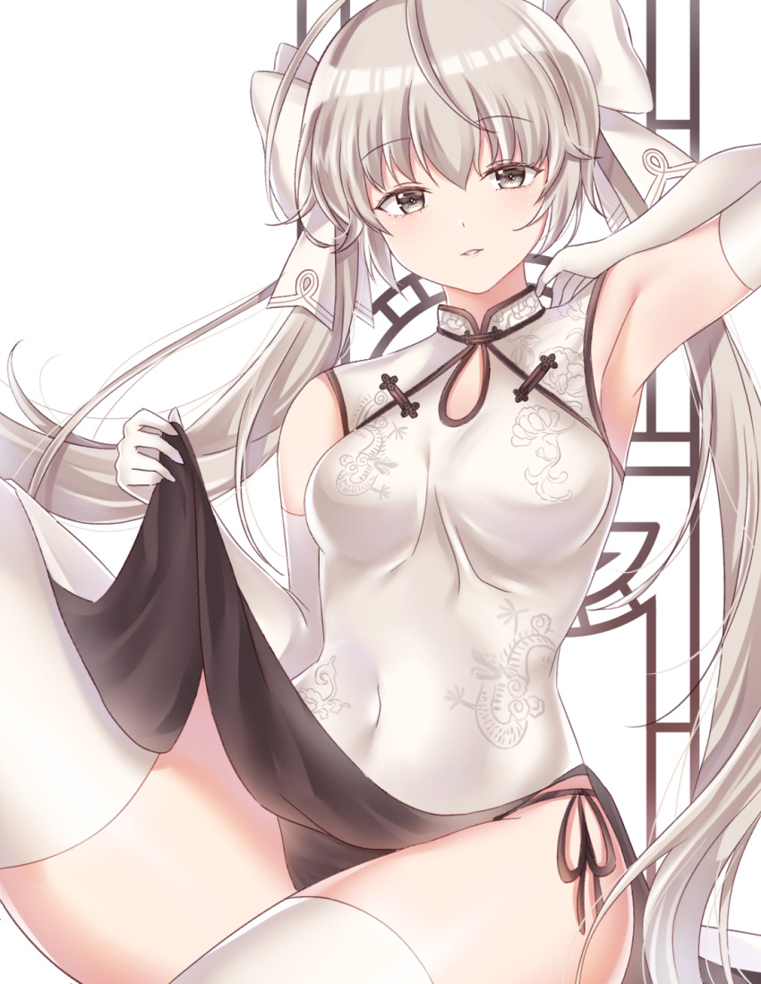 1girl arm_up armpits bare_shoulders black_panties blush breasts china_dress chinese_clothes covered_navel dragon_print dress dress_lift elbow_gloves floral_print gloves grey_eyes hair_between_eyes hair_ribbon hand_up highres kasugano_sora leg_up lemode lifted_by_self long_hair looking_at_viewer medium_breasts on_chair panties parted_lips ribbon side-tie_panties silver_hair sitting solo thigh-highs thighs twintails underwear very_long_hair white_background white_dress white_gloves white_ribbon yosuga_no_sora