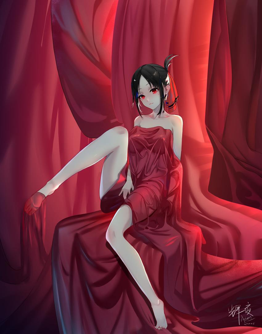 1girl absurdres bad_id bad_pixiv_id bangs bare_legs bare_shoulders barefoot black_hair collared_dress dress eyebrows_visible_through_hair feet folded_ponytail hair_ribbon highres kaguya-sama_wa_kokurasetai_~tensai-tachi_no_renai_zunousen~ okawaii_koto omone_hokoma_agm parted_bangs red_background red_eyes red_ribbon ribbon shinomiya_kaguya