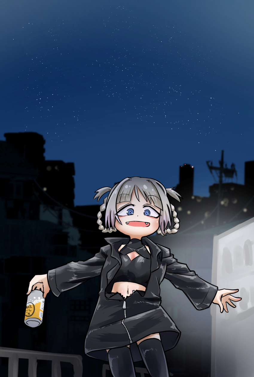 1girl absurdres bangs beer_can blunt_bangs can chamaji commentary_request criss-cross_halter eyebrows_visible_through_hair fangs hair_rings halterneck highres holding holding_can jacket looking_at_viewer midriff navel night night_sky open_mouth original outstretched_arms pink_hair railing short_hair sky skyline smile solo spread_arms star_(sky) starry_sky thigh-highs unzipped vending_machine