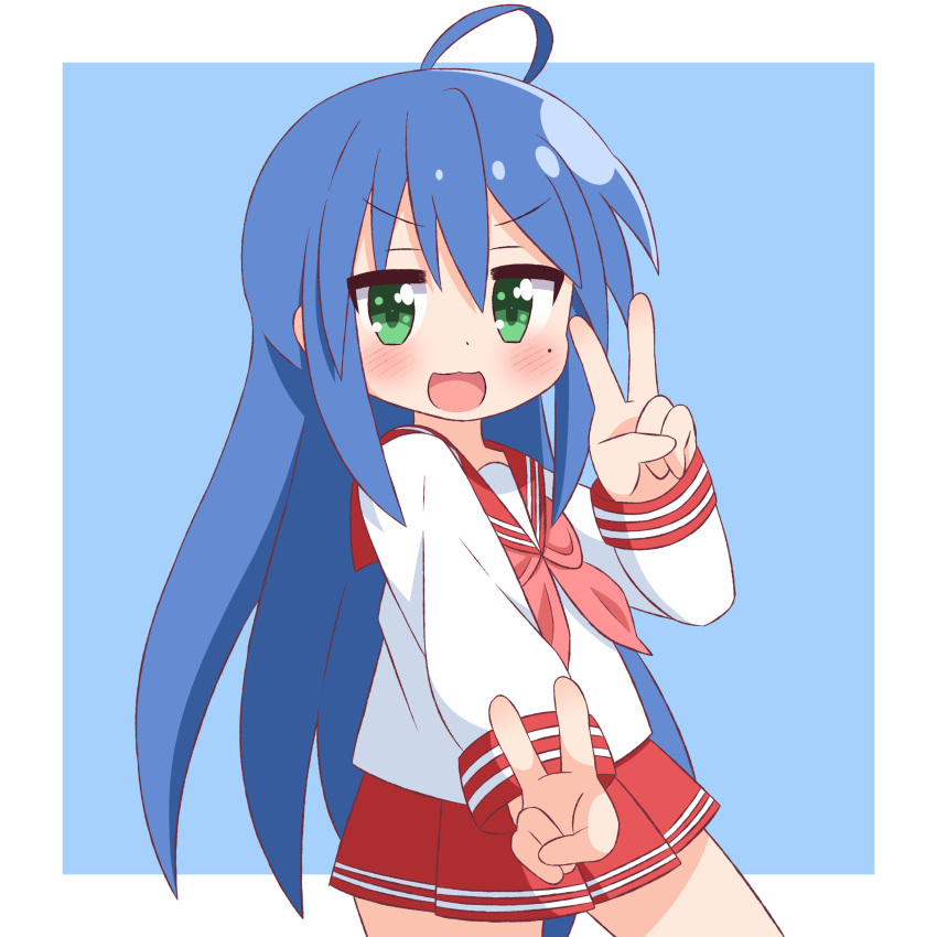 &gt;:) 1girl :d absurdres bangs blue_background blue_hair blush commentary_request double_v eyebrows_visible_through_hair green_eyes hair_between_eyes hana_kazari hand_up highres izumi_konata long_hair long_sleeves looking_at_viewer lucky_star mole mole_under_eye neckerchief open_mouth outstretched_arm pink_neckwear pleated_skirt red_sailor_collar red_skirt ryouou_school_uniform sailor_collar school_uniform serafuku shirt skirt smile solo two-tone_background v very_long_hair white_background white_shirt