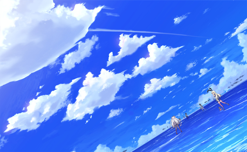4girls amatsukaze_(kantai_collection) blue_sky clouds commentary_request day dress dutch_angle elbow_gloves gloves hair_tubes hairband highres horizon kakugari003 kantai_collection long_hair multiple_girls ocean outdoors rensouhou-chan sailor_collar sailor_dress scenery shimakaze_(kantai_collection) skirt sky standing striped striped_legwear thigh-highs tokitsukaze_(kantai_collection) two_side_up water yukikaze_(kantai_collection)