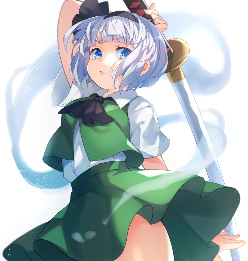 1girl arm_up ascot bangs black_hairband black_neckwear black_ribbon blue_eyes blunt_bangs collared_shirt from_below green_skirt green_vest hair_ribbon hairband highres hitodama holding holding_sword holding_weapon katana konpaku_youmu konpaku_youmu_(ghost) looking_at_viewer looking_down open_clothes open_vest paragasu_(parags112) parted_lips ribbon shirt short_hair short_sleeves silver_hair simple_background skirt solo sword thighs touhou v-shaped_eyebrows vest weapon white_background white_shirt