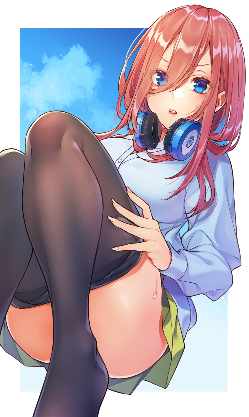 1girl absurdres ass black_legwear blue_eyes blue_shirt breasts convenient_leg dress_shirt go-toubun_no_hanayome green_skirt hair_between_eyes headphones headphones_around_neck highres kitazume_kumie knees_up large_breasts long_hair long_sleeves looking_at_viewer miniskirt nakano_miku no_shoes open_mouth redhead shirt skirt solo sweat thigh-highs v-shaped_eyebrows