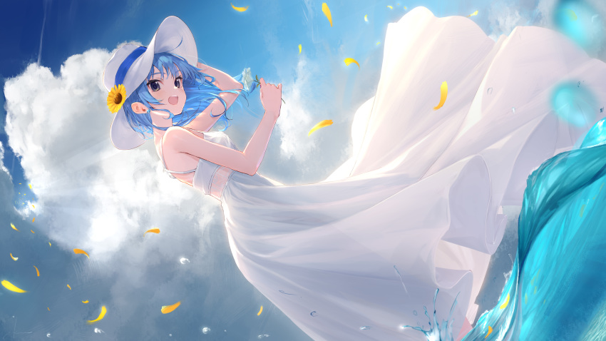 1girl absurdres bangs bare_arms bare_shoulders blue_hair blue_sky breasts clouds cloudy_sky commentary_request day dress earrings flower grey_eyes hat highres holding hololive hoshimachi_suisei huge_filesize jewelry open_mouth outdoors petals short_hair sky sleeveless sleeveless_dress small_breasts smile solo star star_earrings sun_hat sunflower takubon virtual_youtuber wading water water_drop white_dress