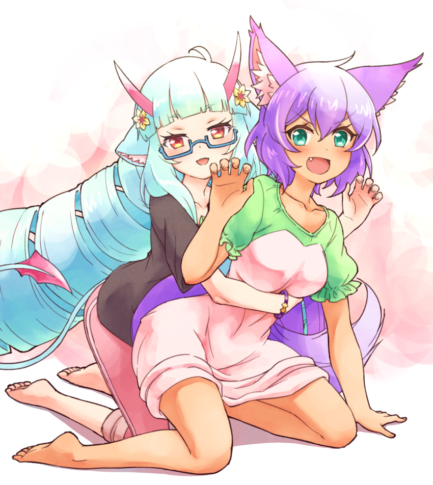 2girls :d absurdres animal_ear_fluff animal_ears arm_support bangs barefoot black_shirt blue-framed_eyewear blue_hair blush breasts claw_pose collarbone commentary_request delmin_(show_by_rock!!) dragon_girl dragon_horns dragon_tail dress drill_hair eyebrows_visible_through_hair fang flower green_eyes hair_between_eyes hair_flower hair_ornament hand_up highres horns hug hug_from_behind kneeling long_hair looking_at_viewer medium_breasts multiple_girls nyama open_mouth pink_dress pink_shorts puffy_short_sleeves puffy_sleeves purple_hair red_eyes ruhuyu_(show_by_rock!!) semi-rimless_eyewear shirt short_hair short_sleeves shorts show_by_rock!! smile tail twin_drills under-rim_eyewear v-shaped_eyebrows very_long_hair wolf_ears wolf_girl wolf_tail yellow_flower