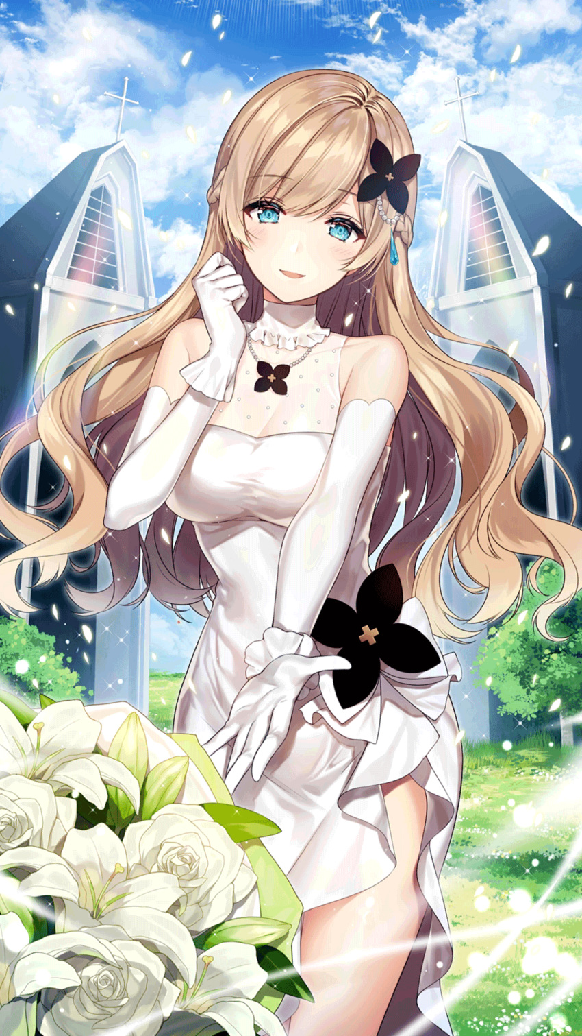 1girl :d aqua_eyes bangs blue_sky blush braid breasts church clouds cowboy_shot day dress elbow_gloves eyebrows_visible_through_hair floating_hair flower girl_cafe_gun gloves grainne_draser_(girl_cafe_gun) hair_flower hair_ornament highres jewelry large_breasts light_brown_hair long_hair looking_at_viewer necklace necomi official_art open_mouth outdoors petals reaching_out sidelocks sky smile solo white_dress white_flower white_gloves