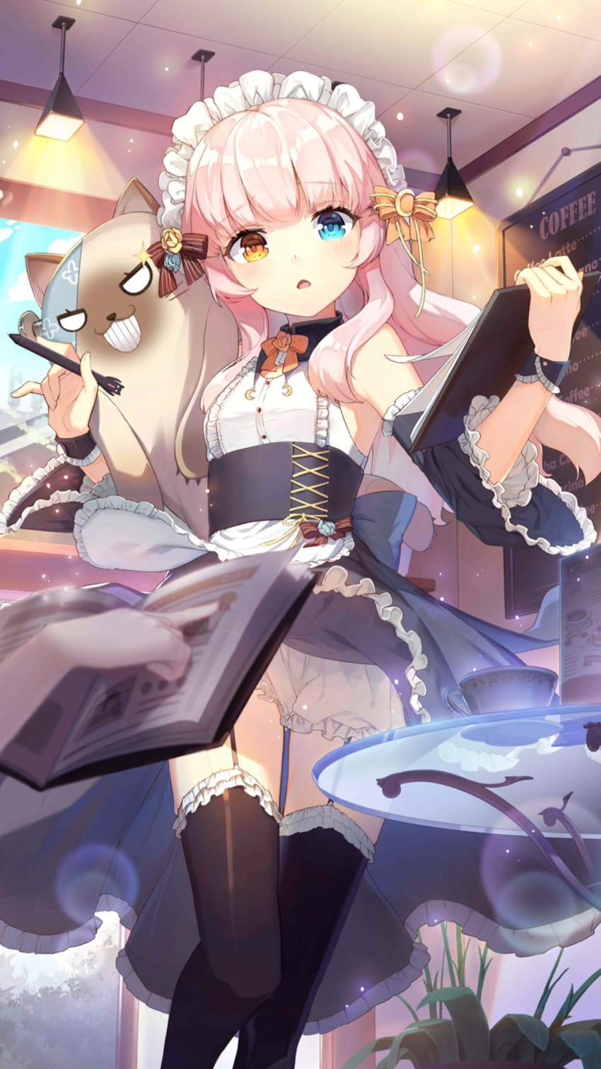 1girl alternate_costume apron armpits bare_shoulders black_dress black_legwear bloomers blue_eyes blurry book bow bowtie ceiling_light criin depth_of_field detached_sleeves dress eksistere_kyrenia enmaided flat_chest frilled_dress frills garter_straps girl_cafe_gun heterochromia highres holding indoors long_hair looking_at_viewer maid maid_apron maid_headdress official_art orange_eyes parted_lips pen pink_hair solo stuffed_animal stuffed_cat stuffed_toy table thigh-highs underbust underwear wide_sleeves wrist_cuffs