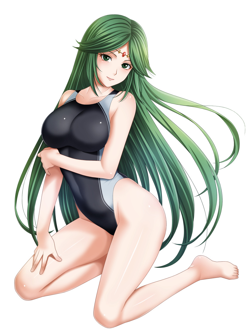 1girl absurdres barefoot black_swimsuit commentary_request competition_swimsuit full_body green_eyes green_hair highleg highleg_swimsuit highres jewelry kid_icarus kid_icarus_uprising kneeling long_hair looking_at_viewer one-piece_swimsuit palutena simple_background solo super_smash_bros. swimsuit tamamon tiara white_background