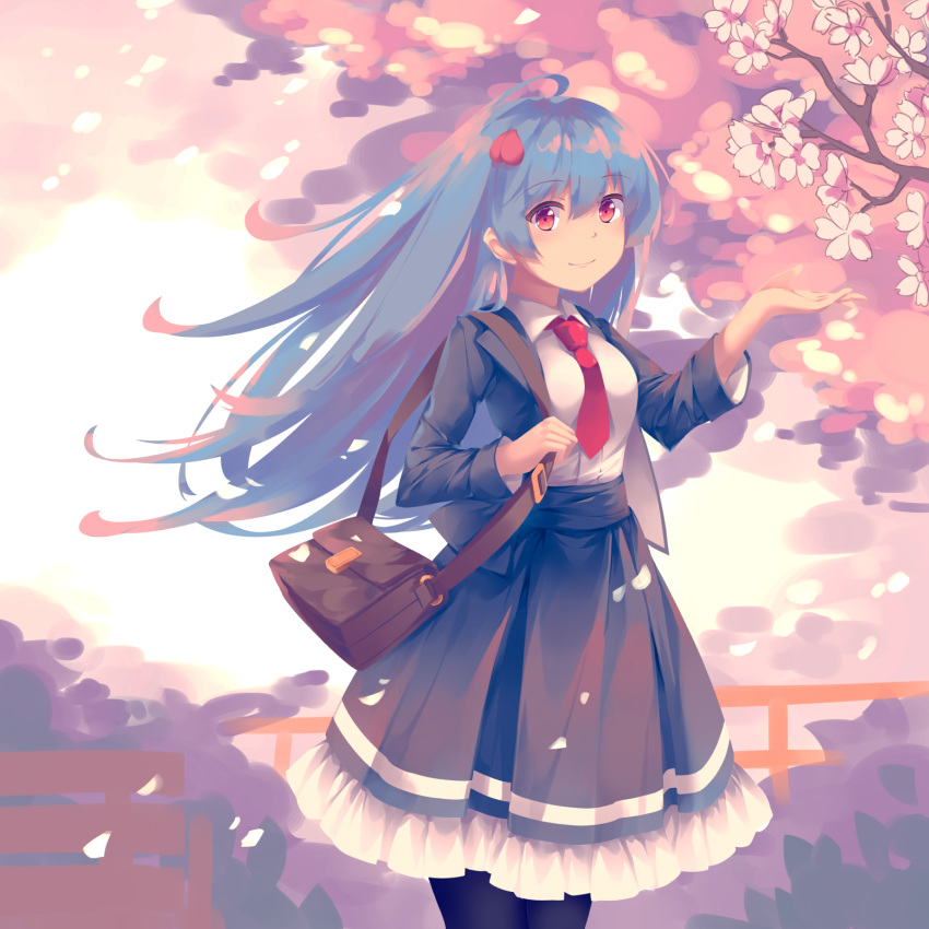 1girl abstract_background ahoge alternate_costume arm_up bag bench between_breasts black_jacket black_legwear black_skirt blazer blue_hair breasts cherry_blossoms commentary cropped_legs day dress_shirt eyebrows_visible_through_hair food_themed_hair_ornament frilled_skirt frills hair_between_eyes hair_blowing hair_ornament highres hinanawi_tenshi holding_strap jacket long_hair long_skirt long_sleeves looking_at_viewer mechrailgun medium_breasts necktie necktie_between_breasts no_hat no_headwear open_clothes open_jacket outdoors pantyhose peach_hair_ornament petals pleated_skirt red_eyes red_neckwear school_bag school_uniform shirt skirt smile solo touhou tree very_long_hair white_shirt wind