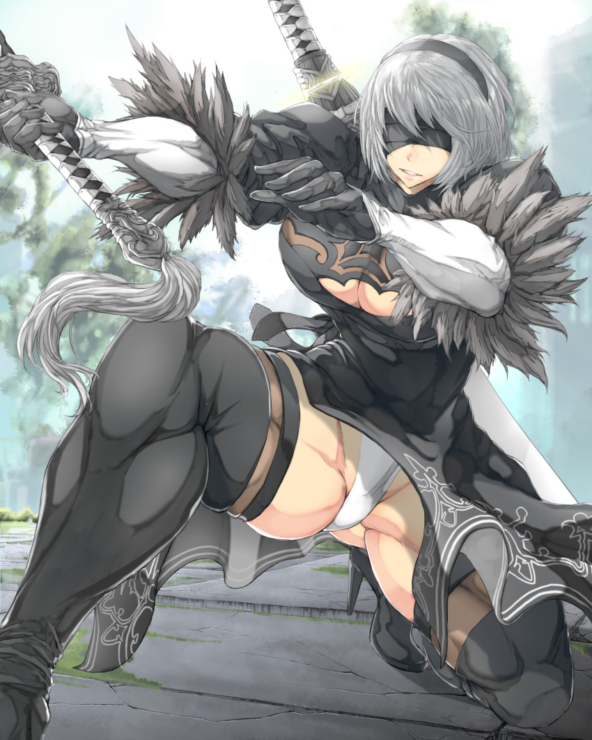 1girl absurdres black_blindfold black_dress black_legwear blindfold breasts dress highres jin-jin juliet_sleeves large_breasts leotard long_sleeves muscle muscular_female nier_(series) nier_automata panties pantyshot parted_lips puffy_sleeves short_hair soulcalibur soulcalibur_vi sword thick_thighs thigh-highs thighs underwear weapon weapon_on_back white_hair white_leotard white_panties yorha_no._2_type_b