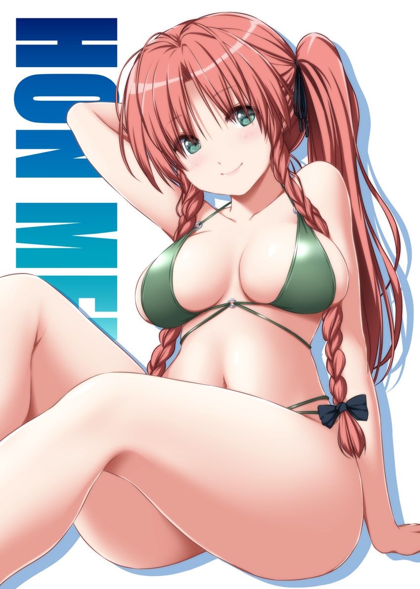 1girl arm_up bare_arms bare_legs bare_shoulders bikini black_bow black_ribbon blush bow braid breasts character_name closed_mouth green_bikini green_eyes hair_bow hair_ribbon highres hong_meiling long_hair looking_at_viewer medium_breasts navel nori_tamago redhead ribbon side_ponytail simple_background sitting smile solo swimsuit touhou twin_braids