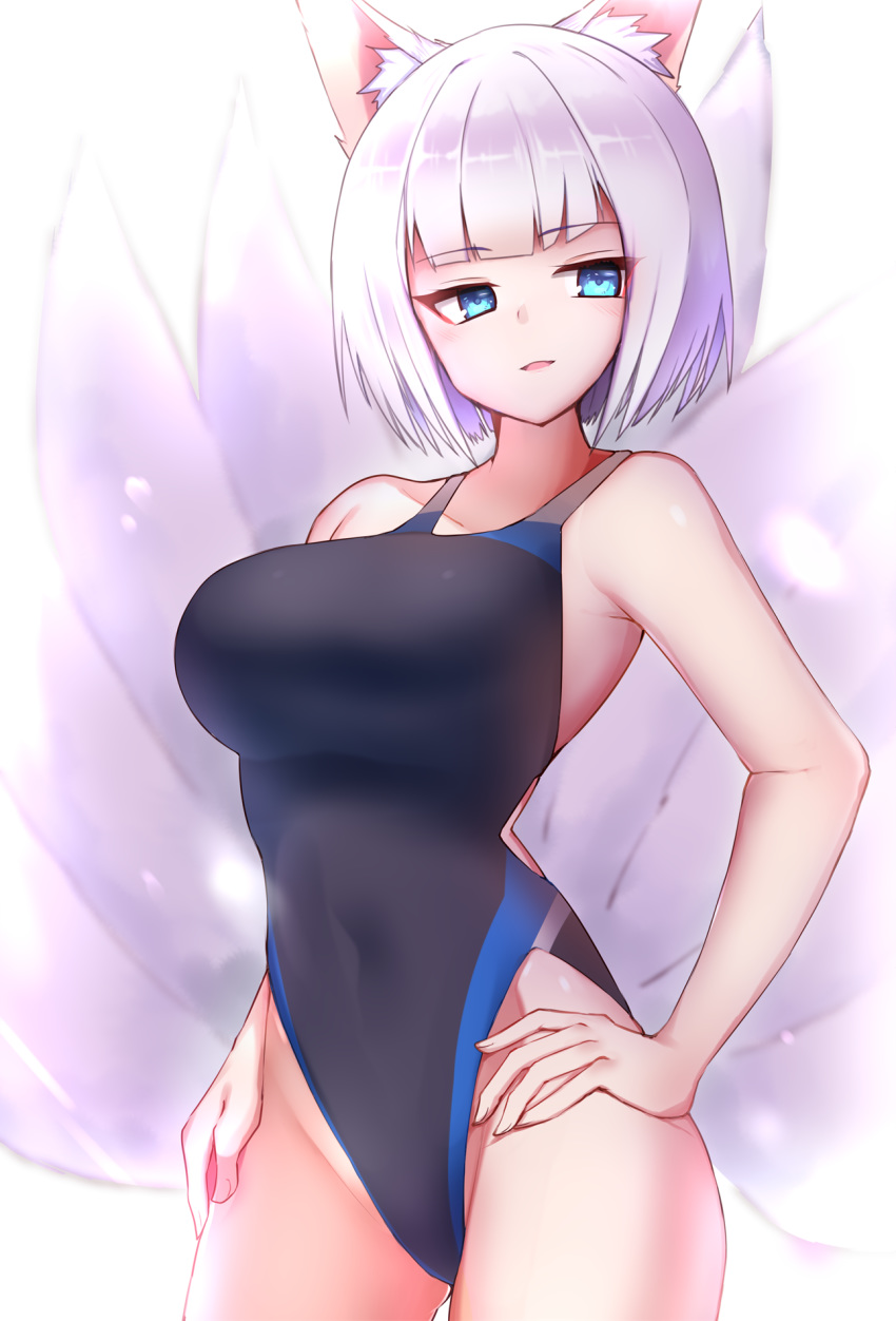 1girl animal_ears azu_ankoowl azur_lane black_swimsuit blue_eyes breasts competition_swimsuit cowboy_shot fox_ears fox_girl fox_tail hands_on_hips highleg highleg_swimsuit highres kaga_(azur_lane) large_breasts looking_to_the_side multiple_tails one-piece_swimsuit short_hair solo standing swimsuit tail white_hair