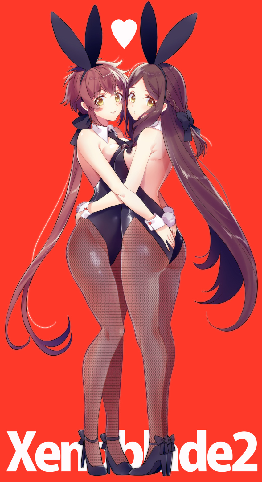 2girls :o alternate_costume animal_ears ass ass_grab back backless_outfit bare_back black_bow black_footwear black_leotard black_neckwear blue_background blush bow braid breast_press breasts brown_hair brown_legwear bunny_girl bunny_tail bunnysuit copyright_name couple detached_collar eyebrows_visible_through_hair fake_animal_ears fan_la_norne fishnet_legwear fishnets french_braid from_side full_body gloves hair_bow heart heart_button high_heels highres himono_xeno hug leotard long_hair looking_at_viewer looking_back lora_(xenoblade_2) medium_breasts multiple_girls necktie pantyhose parted_lips ponytail rabbit_ears red_background shoes short_hair sidelocks simple_background smile standing strapless strapless_leotard strappy_heels symmetrical_docking tail very_long_hair wrist_cuffs xenoblade_(series) xenoblade_2 xenoblade_2:_ogon_no_kuri_ira yellow_eyes yuri