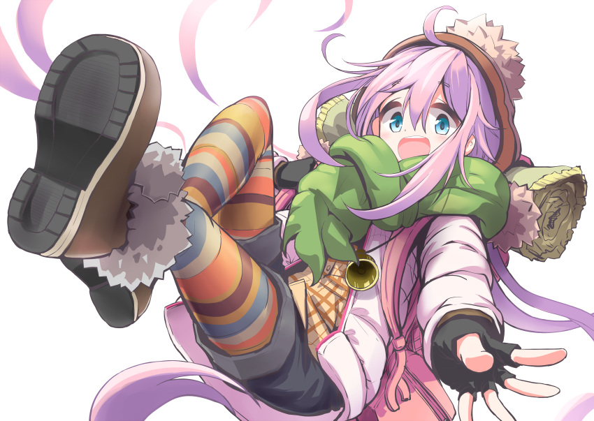 1girl :d absurdres bell blue_eyes boots fingerless_gloves fur_trim gloves hat highres jacket kagamihara_nadeshiko long_hair multicolored multicolored_clothes multicolored_legwear n2midori open_mouth pink_hair scarf short_shorts shorts simple_background smile solo white_background winter_clothes yurucamp