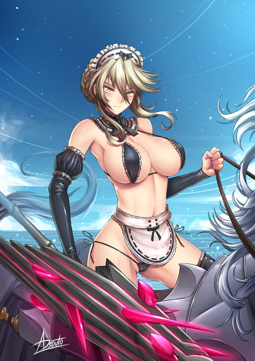 absurdres adsouto artoria_pendragon_(all) artoria_pendragon_(lancer_alter) bangs bikini blonde_hair breasts choker clenched_hand closed_mouth facing_viewer fate/grand_order fate_(series) highres huge_filesize large_breasts maid maid_headdress midriff navel paid_reward patreon_reward serious swimsuit yellow_eyes