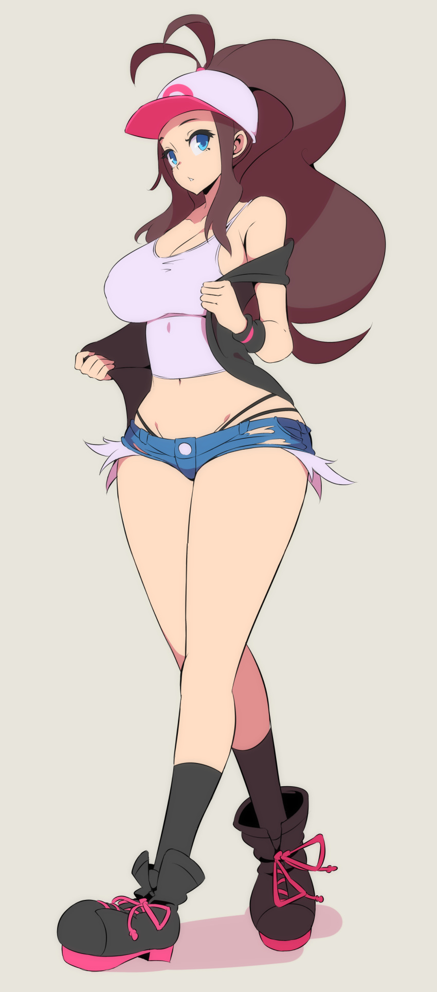 1girl absurdres bare_legs baseball_cap black_footwear black_legwear black_panties black_vest blue_eyes boots breasts brown_hair cutoffs denim denim_shorts exposed_pocket full_body hat high_ponytail highres large_breasts looking_at_viewer micro_shorts midriff nac000 panties pokemon pokemon_(game) pokemon_bw ponytail shirt shorts sidelocks simple_background sleeveless sleeveless_shirt socks solo standing tank_top touko_(pokemon) underwear vest white_shirt wristband