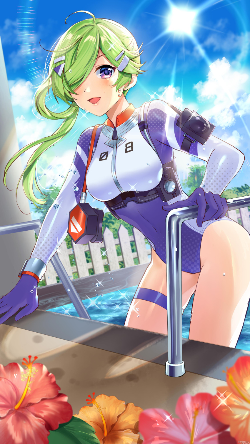 1girl absurdres ahoge breasts clouds competition_swimsuit covered_navel day flower girl_cafe_gun gloves green_hair hair_ornament hair_over_one_eye hairclip hibiscus highres iritoa large_breasts lens_flare long_hair looking_at_viewer nie_shirou_(girl_cafe_gun) official_art one-piece_swimsuit open_mouth outdoors pool poolside purple_gloves sky smile solo sun sunlight swimsuit thigh_strap thighs violet_eyes water wet