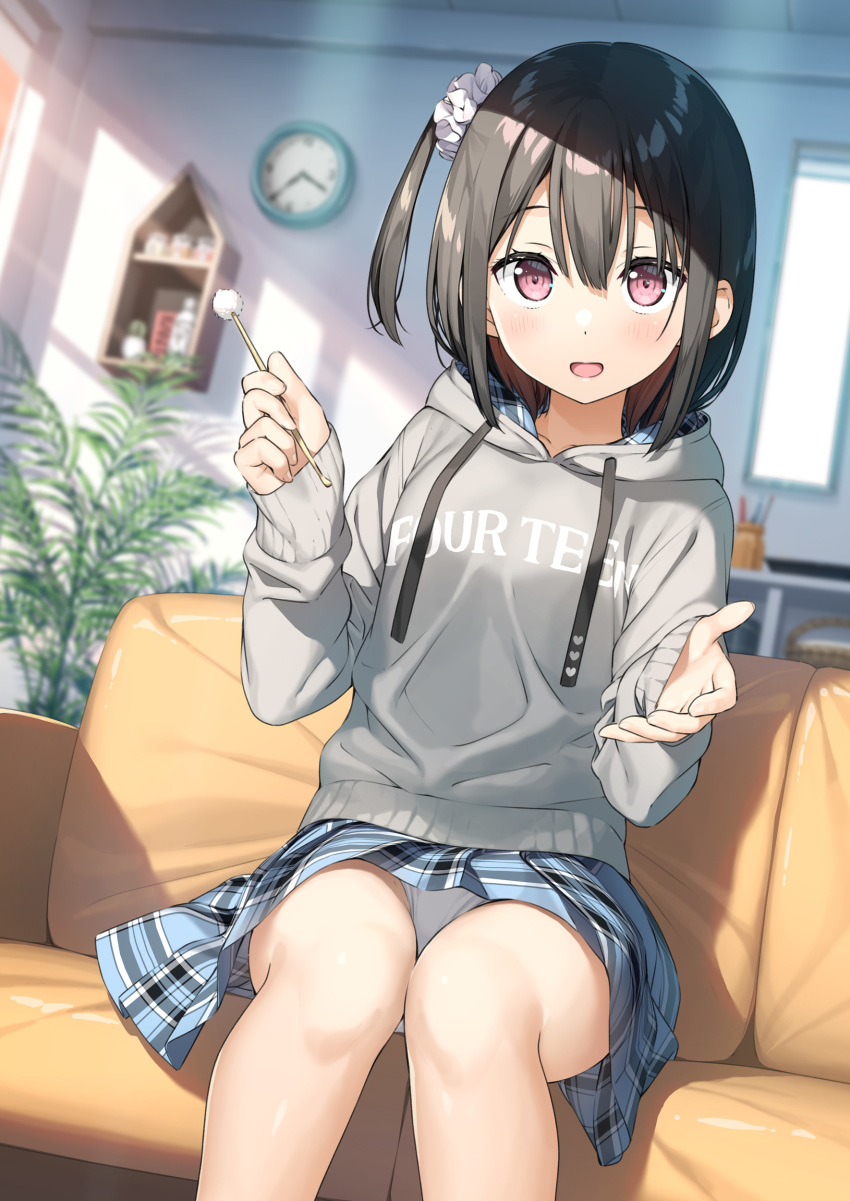 1girl :d absurdres bangs black_hair blue_skirt blurry blurry_background blush breasts clothes_writing commentary_request couch day depth_of_field drawstring eyebrows_visible_through_hair grey_hoodie hair_between_eyes hair_ornament hair_scrunchie hands_up highres holding hood hood_down hoodie indoors kantoku long_sleeves looking_at_viewer mimikaki on_couch one_side_up open_mouth original panties pantyshot plaid plaid_skirt plant pleated_skirt scrunchie sitting skirt sleeves_past_wrists small_breasts smile solo sunlight underwear violet_eyes white_panties white_scrunchie