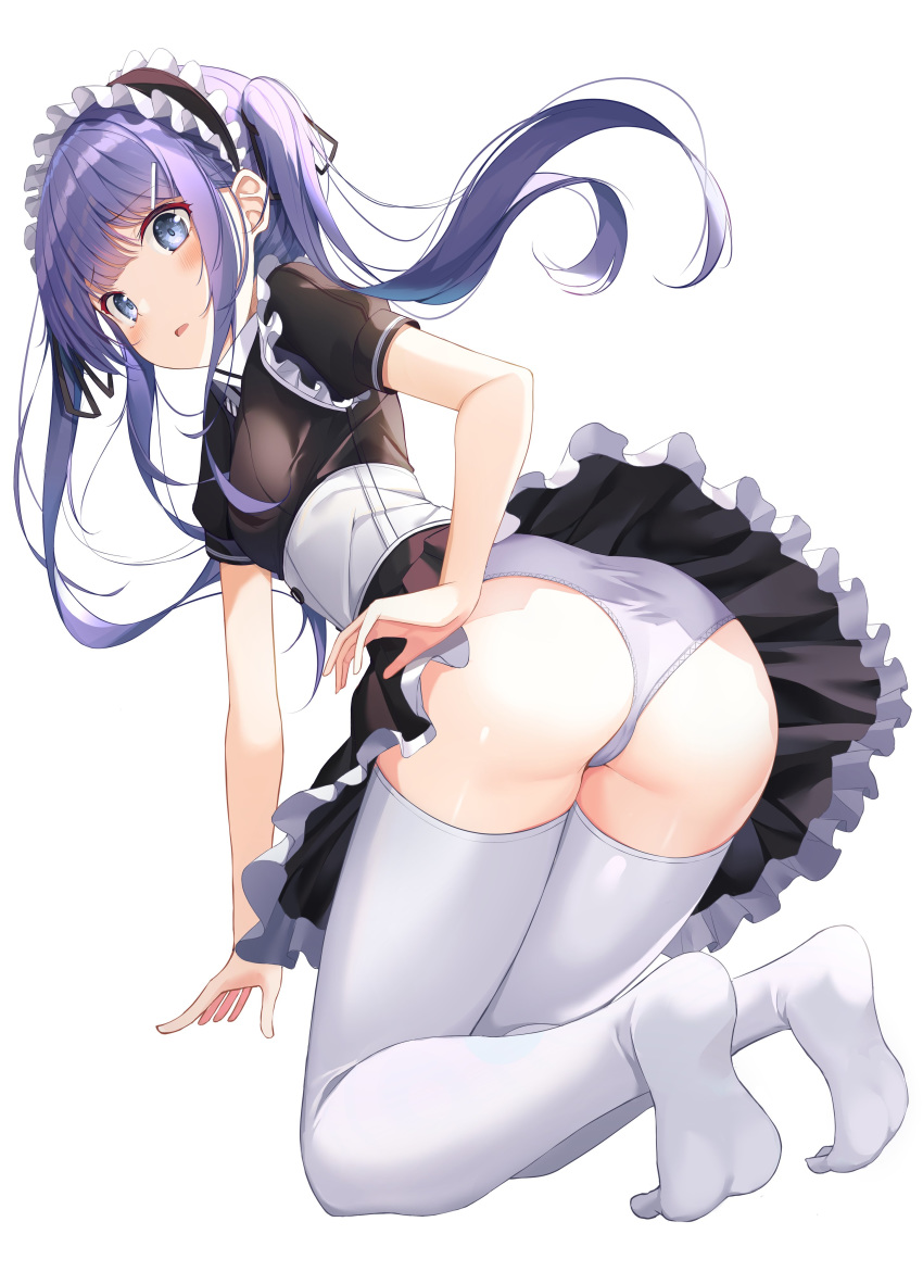 1girl absurdres apple_ringo ass black_dress blue_eyes breasts dress embarrassed frilled_dress frills full_body hair_ornament hairclip highres long_hair looking_at_viewer looking_back maid maid_headdress no_shoes original panties parted_lips purple_hair short_sleeves sidelocks simple_background small_breasts solo thigh-highs twintails underbust underwear white_background white_legwear white_panties wing_collar