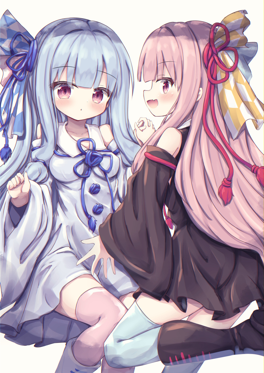2girls :d :o absurdres bangs bare_shoulders black_dress black_footwear black_sleeves blue_dress blue_hair blue_legwear blue_ribbon blue_sleeves blush boots breasts collared_dress commentary_request detached_sleeves dress eyebrows_visible_through_hair fang grey_background hair_ribbon highres holding_hands interlocked_fingers kotonoha_akane kotonoha_aoi long_hair long_sleeves medium_breasts multiple_girls open_mouth parted_lips pink_hair pink_legwear pleated_dress profile red_eyes red_ribbon ribbon siblings sideways_mouth simple_background sisters sleeveless sleeveless_dress smile standing standing_on_one_leg thigh-highs thighhighs_under_boots twins very_long_hair voiceroid waste_(arkaura) white_footwear wide_sleeves