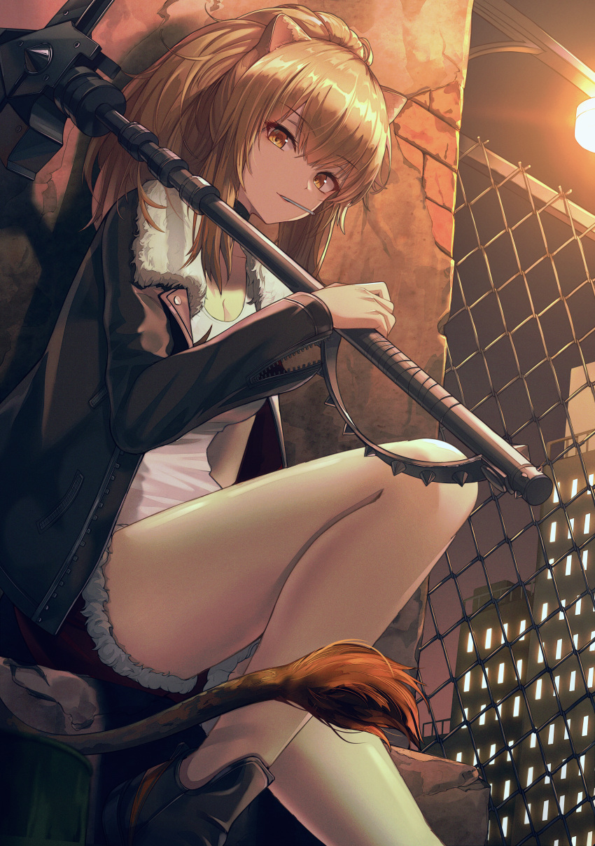 1girl absurdres animal_ears arknights bangs bare_legs black_choker black_jacket brown_eyes brown_hair chain-link_fence choker commentary cow-ring eyebrows_visible_through_hair fence fur-trimmed_shorts fur_trim hammer highres huge_filesize jacket lion_ears lion_tail long_hair long_sleeves looking_at_viewer mouth_hold night night_sky open_clothes open_jacket outdoors shirt short_shorts shorts siege_(arknights) sitting sky solo tail thighs white_shirt