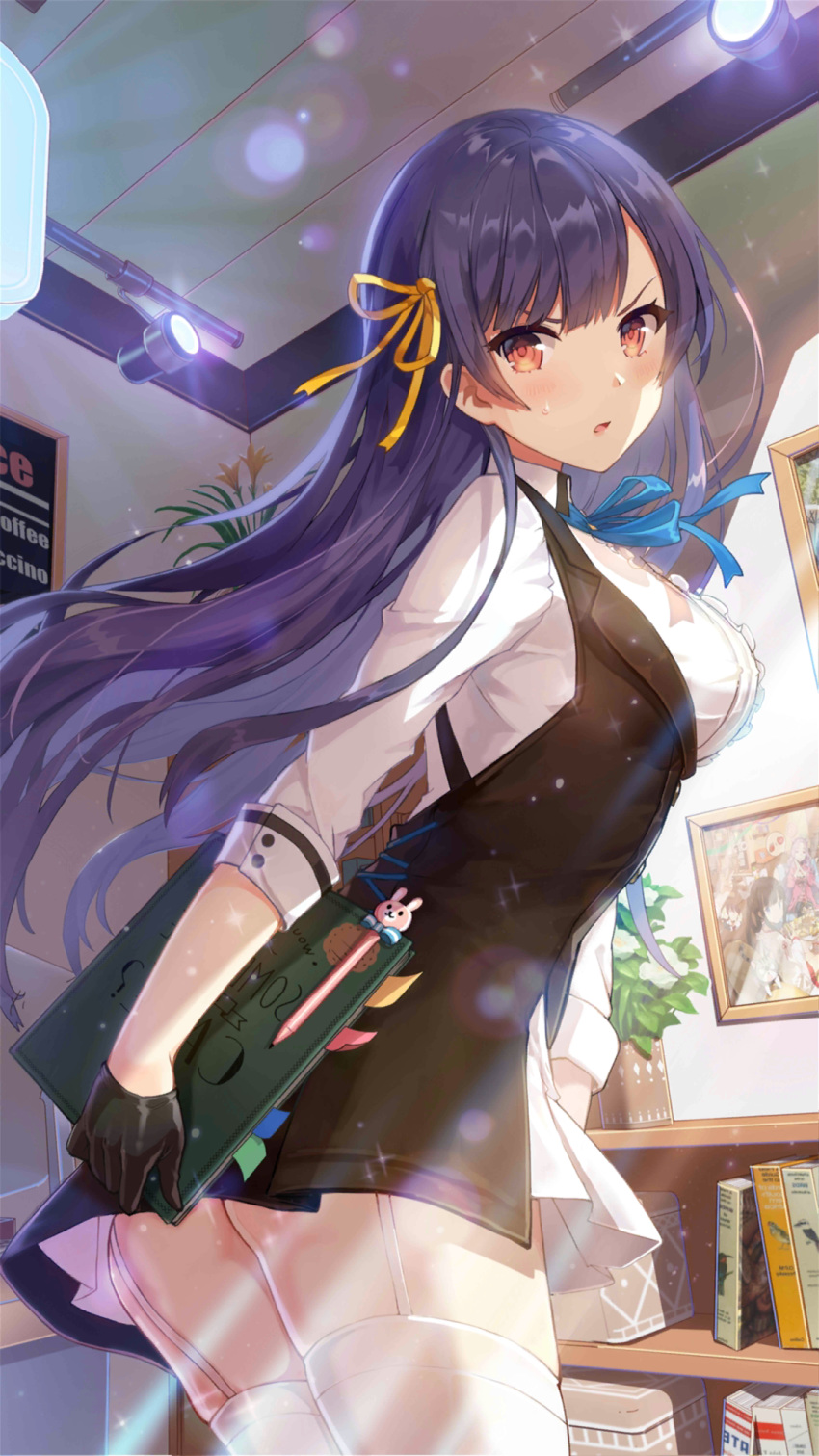 1girl ass black_gloves blue_hair breasts ceiling_light cowboy_shot criin dress frown garter_straps girl_cafe_gun gloves hair_ribbon highres holding indoors large_breasts light_rays long_hair long_sleeves looking_at_viewer official_art orange_eyes parted_lips ribbon shi_wuxia solo standing thigh-highs v-shaped_eyebrows waitress white_dress white_legwear yellow_ribbon