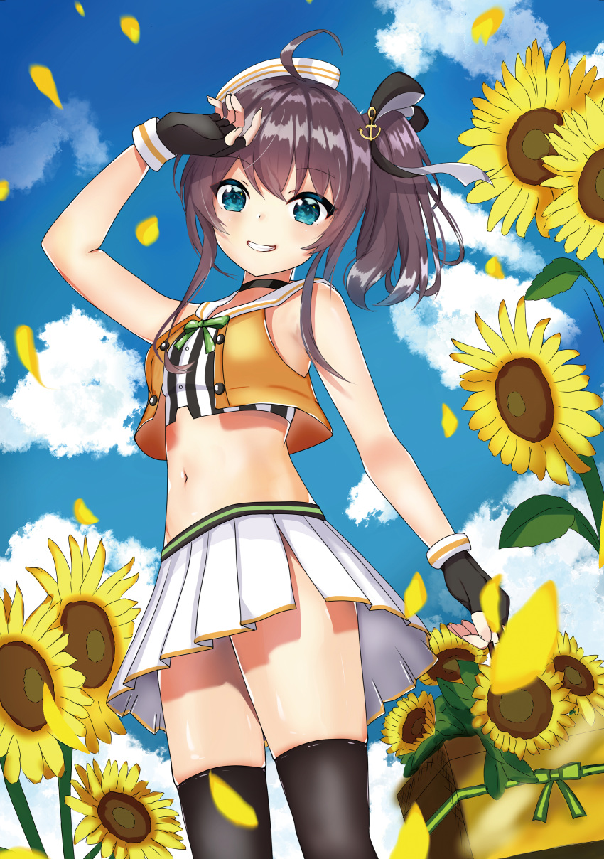 1girl absurdres ahoge anchor_hair_ornament arm_up azur_lane bangs bare_shoulders basket black_choker black_gloves black_legwear blue_eyes blue_sky blush bow breasts brown_hair choker clouds cloudy_sky commentary_request cowboy_shot crop_top cropped_vest eyebrows_visible_through_hair fingerless_gloves flower gloves green_bow grin groin hair_between_eyes hair_ornament hair_ribbon hand_on_head hat highres holding holding_basket hololive huge_filesize kasakisakura looking_at_viewer midriff miniskirt natsuiro_matsuri navel open_clothes open_vest orange_vest petals pleated_skirt ribbon sailor_collar sailor_hat shading_eyes shadow shirt side_ponytail side_slit sidelocks skindentation skirt sky sleeveless sleeveless_shirt small_breasts smile solo standing striped striped_shirt sunflower teeth thigh-highs vertical-striped_shirt vertical_stripes vest virtual_youtuber white_sailor_collar white_skirt zettai_ryouiki