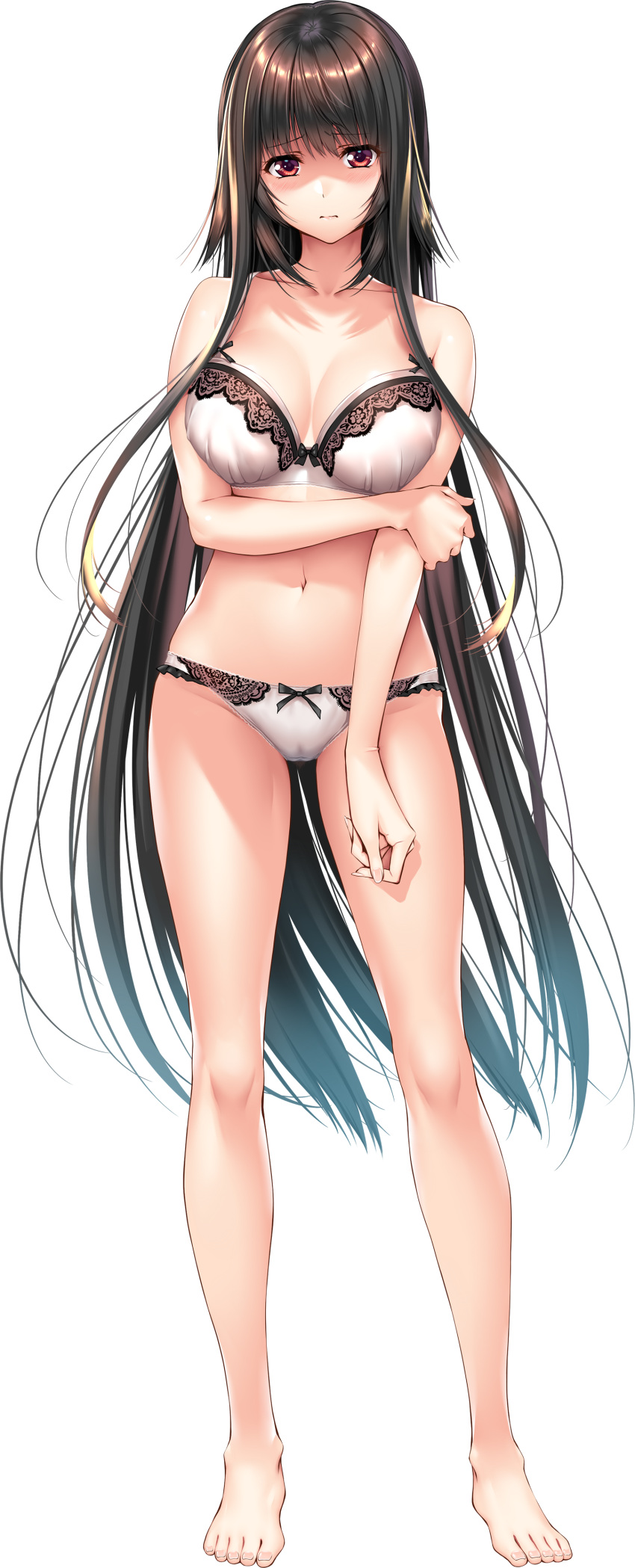 1girl absurdres amakano_2 arm_grab barefoot bow bow_panties bra breasts brown_hair full_body highres kurohime_yuuki lace lace-trimmed_bra lace-trimmed_panties large_breasts long_hair looking_at_viewer navel official_art panties piromizu red_eyes solo standing transparent_background underwear underwear_only very_long_hair