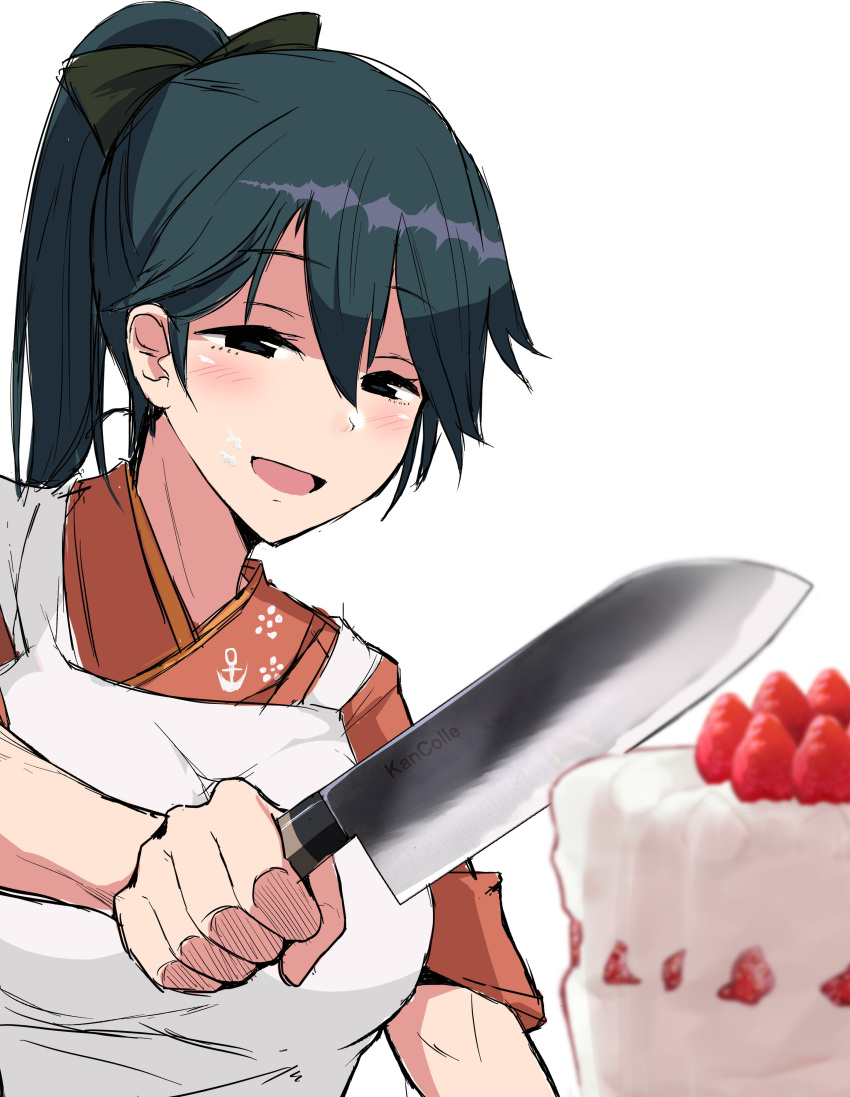 1girl absurdres apron black_hair brown_eyes cake commentary_request food highres houshou_(kantai_collection) japanese_clothes kantai_collection kihou_no_gotoku_dmc kimono knife long_hair open_mouth parody pink_kimono ponytail simple_background smile solo strawberry_shortcake upper_body white_apron white_background