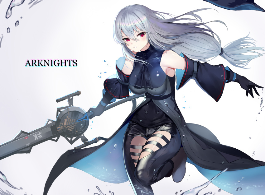 1girl absurdres arknights armpits bare_shoulders black_gloves black_headwear black_pants black_shirt boots breasts copyright_name detached_sleeves floating_hair gloves grey_hair hair_between_eyes hat hat_removed headwear_removed highres holding holding_sword holding_weapon large_breasts long_hair looking_at_viewer pants parted_lips red_eyes shirt skadi_(arknights) solo sword telru thigh_cutout waist_cape water weapon white_background