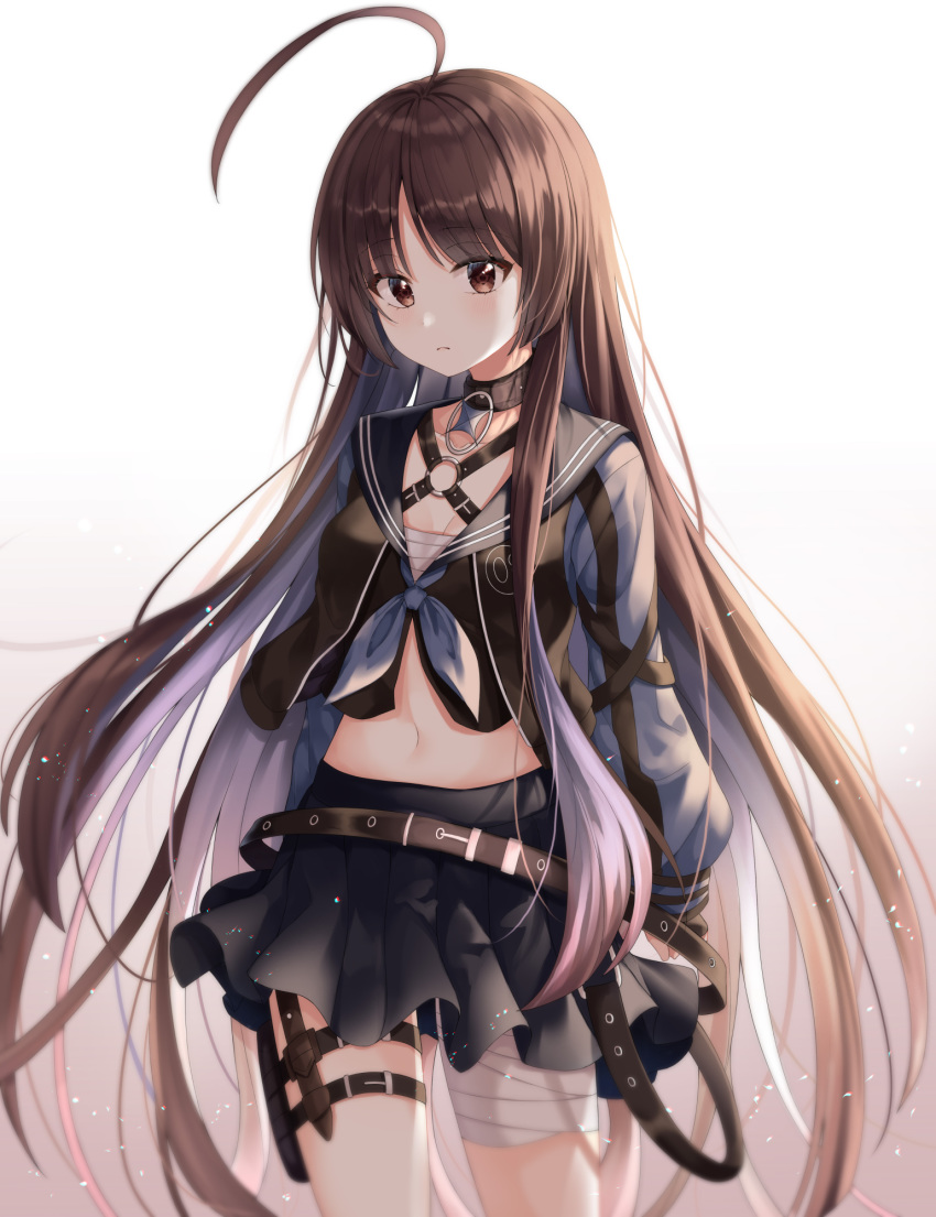 1girl ahoge bandaged_leg bandages belt black_choker black_jacket black_serafuku black_shirt black_skirt brown_eyes brown_hair choker closed_mouth cowboy_shot crop_top dani_(daniel) expressionless forever_7th_capital highres holster jacket leg_belt long_hair long_sleeves looking_at_viewer loose_belt midriff miniskirt navel neckerchief open_clothes open_jacket pleated_skirt sailor_collar sarashi school_uniform serafuku shirt simple_background skirt solo strap very_long_hair white_background