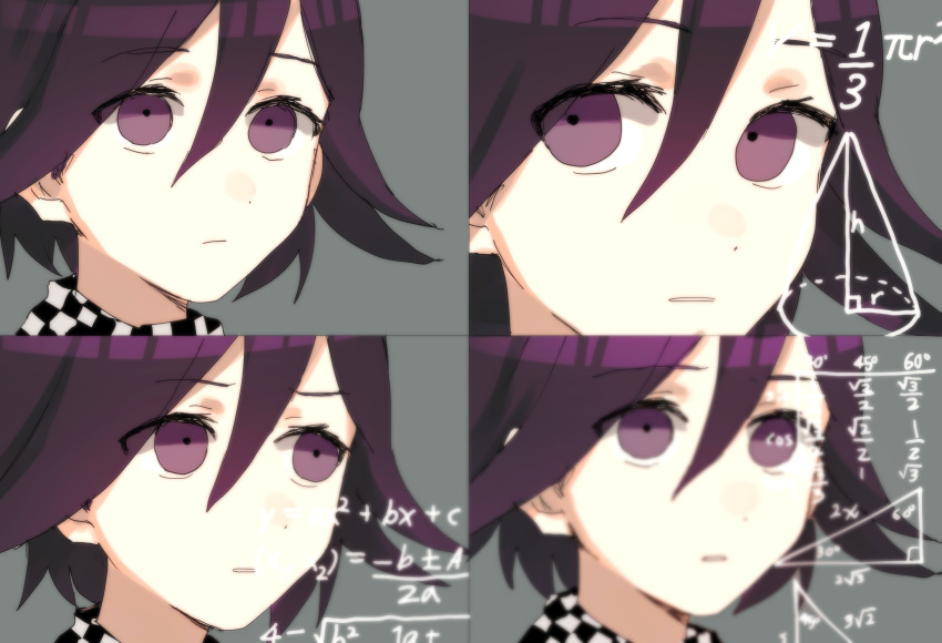 1boy absurdres blurry buttoniris checkered checkered_scarf closed_mouth commentary dangan_ronpa dot_nose english_commentary eyes_visible_through_hair grey_background hair_between_eyes highres male_focus math math_lady meme multiple_views new_dangan_ronpa_v3 ouma_kokichi parted_lips purple_hair scarf simple_background trigonometry violet_eyes