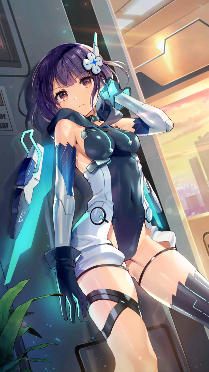 1girl arm_up armpit_crease bare_shoulders black_gloves black_legwear bodysuit breasts closed_mouth covered_navel girl_cafe_gun gloves hair_ornament highres iritoa looking_at_viewer mechanical_wings medium_breasts official_art purple_hair red_eyes shi_wu_you short_hair single_thighhigh sleeveless solo standing thigh-highs thigh_strap thighs wings