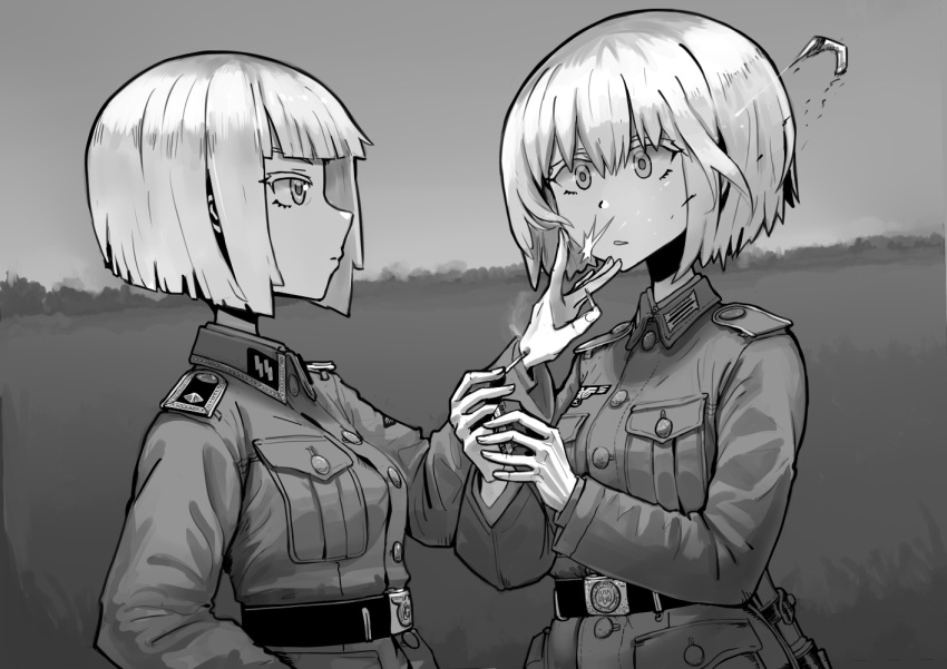 2girls bangs bayonet belt belt_buckle blunt_bangs blurry buckle cigarette commentary depth_of_field erica_(naze1940) flick greyscale leyna_koch military military_uniform monochrome multiple_girls original outdoors short_hair soldier surprised uniform upper_body world_war_ii