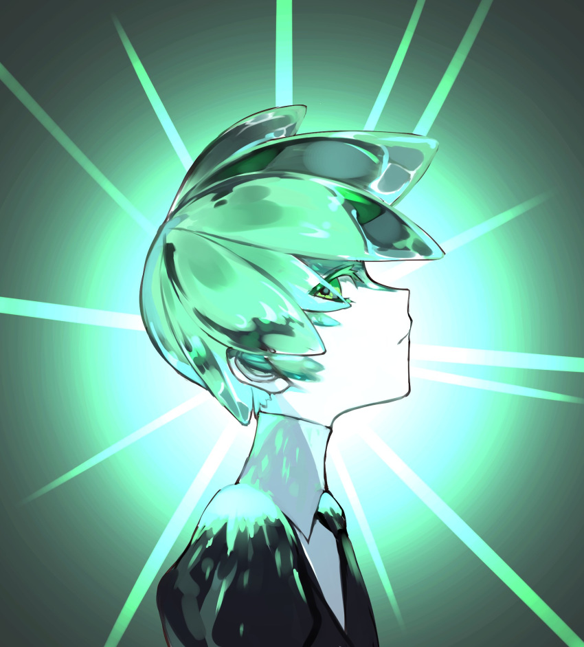 1other black_neckwear black_shirt buttoniris closed_mouth collared_shirt commentary english_commentary from_side green_theme halo highres houseki_no_kuni looking_at_viewer looking_to_the_side necktie phosphophyllite profile shiny shiny_hair shirt solo white_shirt white_skin wing_collar
