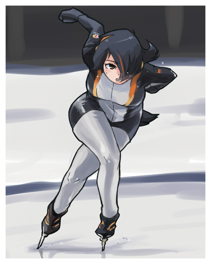 1girl absurdres action adapted_costume black_hair commentary_request emperor_penguin_(kemono_friends) hair_over_one_eye highlights highres kemono_friends multicolored_hair orange_hair short_hair skates skating skating_rink solo speed_skating toriny321 unitard