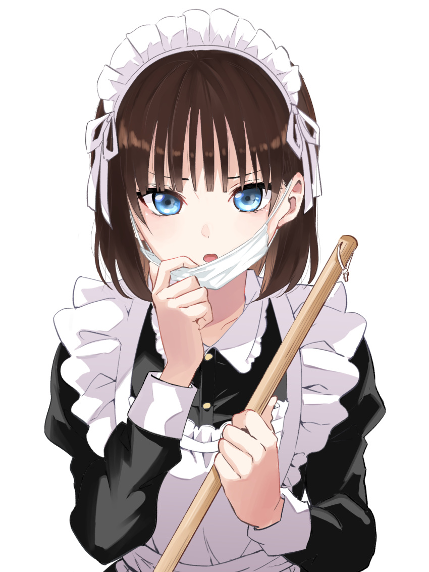 1girl absurdres apron bangs black_dress blue_eyes broom brown_hair dress eyebrows_behind_hair frilled_apron frills hand_up highres holding holding_broom juliet_sleeves long_sleeves looking_at_viewer maid maid_apron maid_headdress mask mask_pull mouth_mask natsupa open_mouth original puffy_sleeves pulled_by_self simple_background solo surgical_mask upper_body white_apron white_background