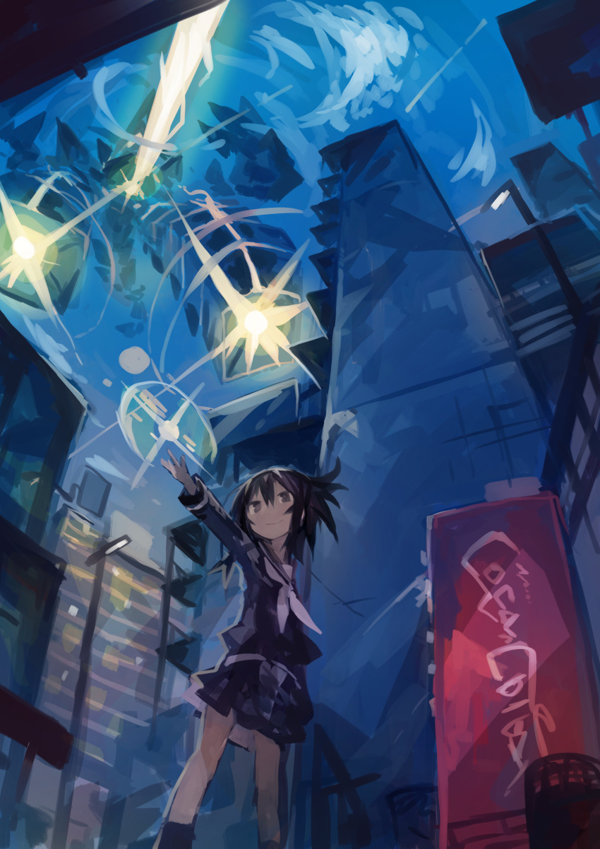 1girl absurdres arm_up bare_legs black_hair black_legwear black_skirt brown_eyes building city commentary_request copyright_request highres kaamin_(mariarose753) lamppost looking_at_viewer medium_hair night skirt trash_can vending_machine