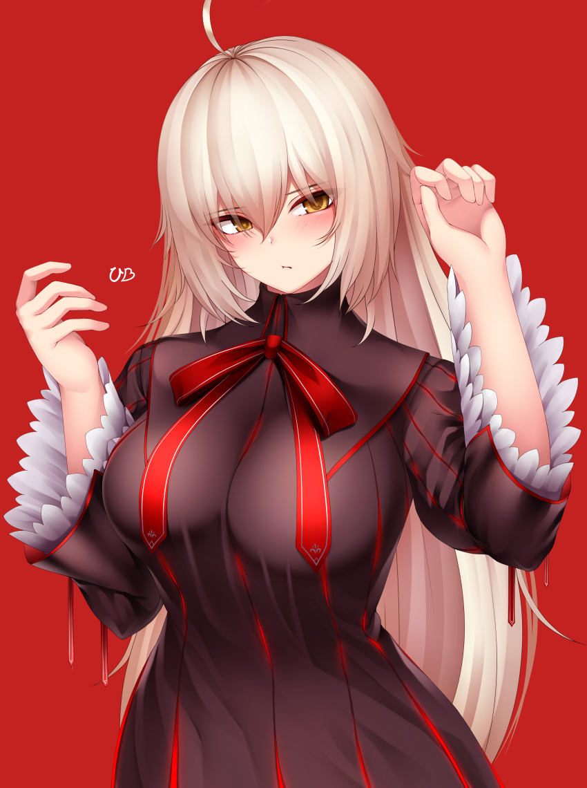 1girl absurdres ahoge arms_up bangs black_dress blush bow breasts cosplay dress fate/grand_order fate/stay_night fate_(series) hair_between_eyes heaven's_feel hibi_(grangcat) highres jeanne_d'arc_(alter)_(fate) jeanne_d'arc_(fate)_(all) large_breasts long_hair long_sleeves looking_at_viewer matou_sakura matou_sakura_(cosplay) red_background red_bow ribbed_dress silver_hair solo very_long_hair wide_sleeves yellow_eyes