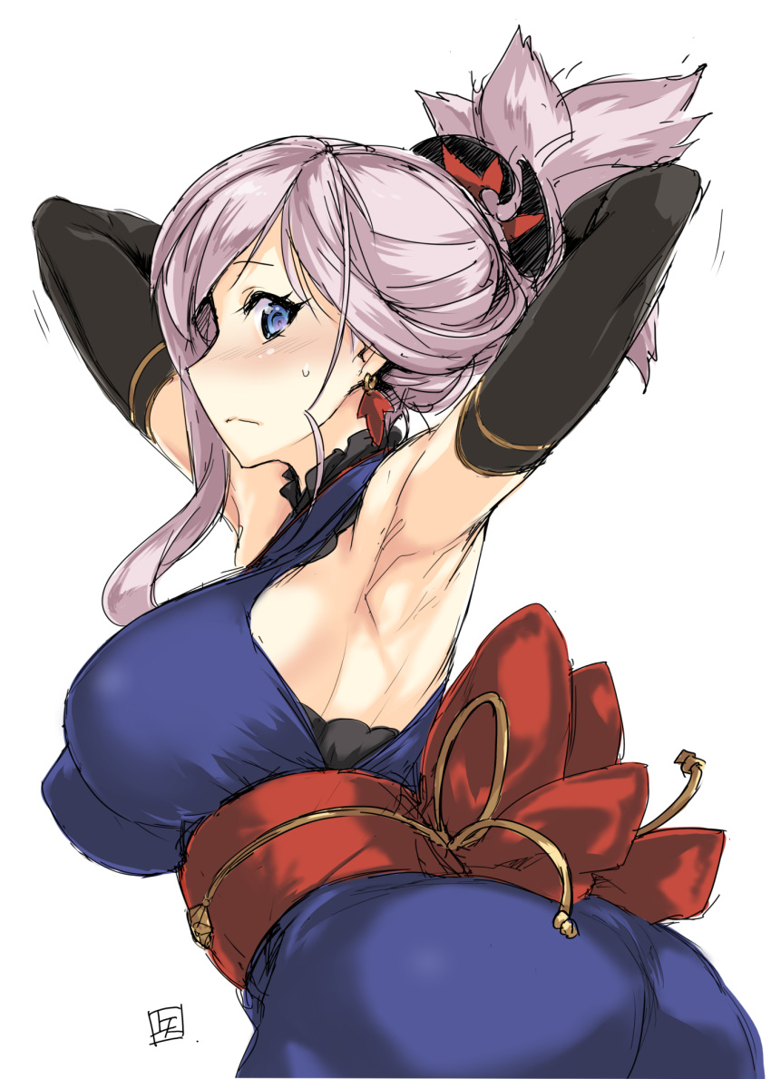 1girl armpits arms_behind_head arms_up ass bangs bare_shoulders blue_eyes blue_kimono blush breasts closed_mouth detached_sleeves earrings fate/grand_order fate_(series) hair_ornament highres japanese_clothes jewelry kimono large_breasts long_hair looking_at_viewer looking_back miyamoto_musashi_(fate/grand_order) obi pink_hair ponytail sash simple_background sleeveless sleeveless_kimono solo tooya_daisuke twisted_torso white_background
