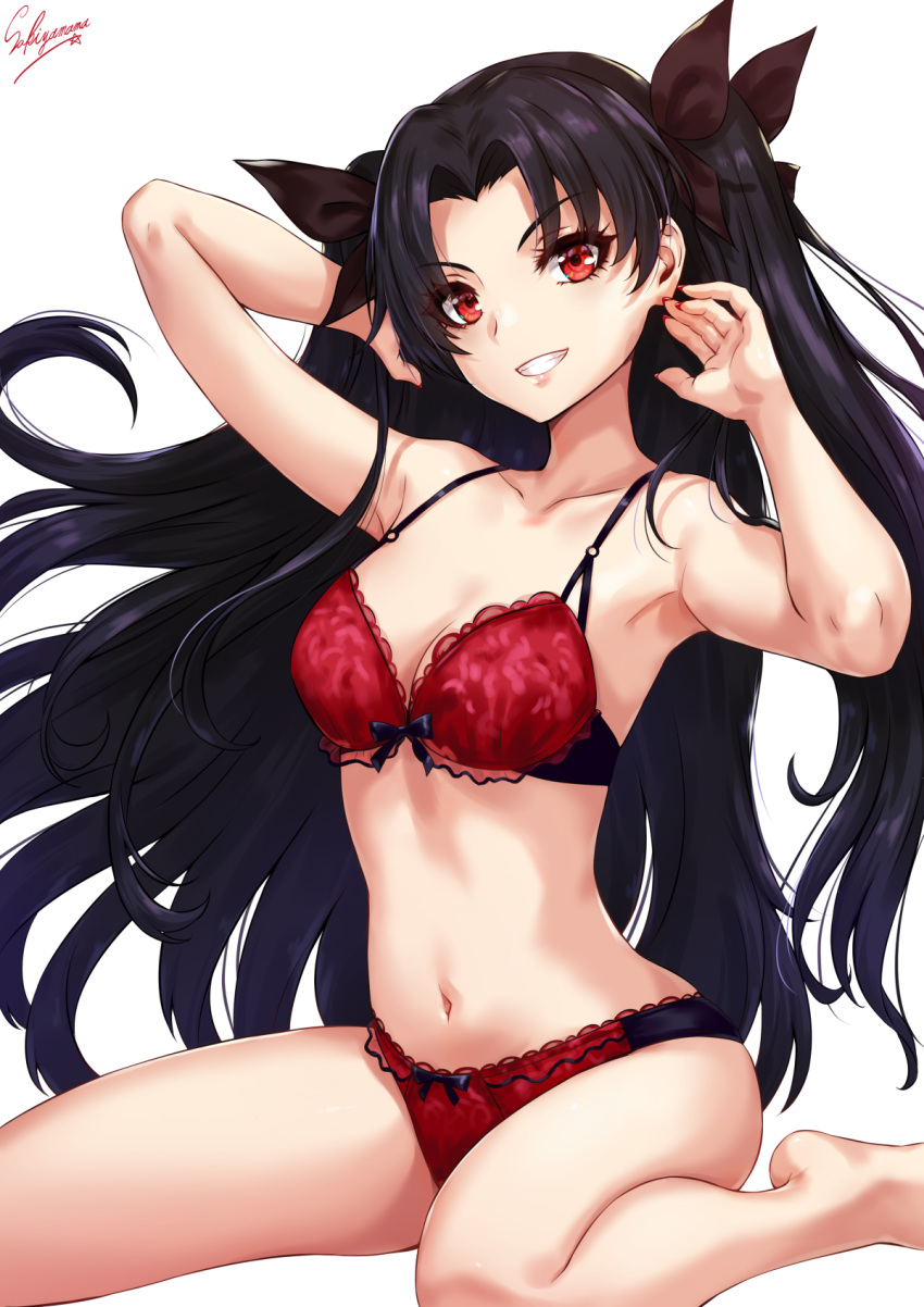 1girl arms_up artist_name bangs bare_arms bare_legs bare_shoulders barefoot black_hair bra breasts commentary_request fate/grand_order fate_(series) grin hair_ribbon head_tilt highres ishtar_(fate)_(all) ishtar_(fate/grand_order) long_hair looking_at_viewer medium_breasts navel panties red_bra red_eyes red_panties ribbon sakiyamama signature simple_background sitting smile solo stomach thighs two_side_up underwear underwear_only very_long_hair wariza white_background