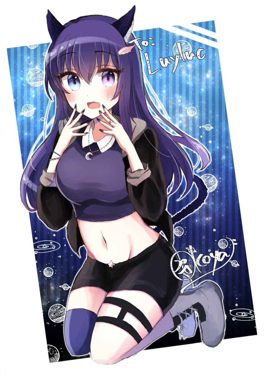 1girl animal_ears black_jacket black_nails black_shorts blue_eyes blue_legwear boots breasts cat_ears cat_girl cat_tail collared_shirt commission crop_top groin hair_ornament hands_up heterochromia highres jacket jewelry koya_(0okoya) large_breasts long_hair long_sleeves looking_at_viewer midriff nail_polish navel necklace open_clothes open_jacket open_mouth original purple_hair purple_shirt ring shirt short_shorts shorts single_thighhigh slit_pupils solo stomach tail thigh-highs thigh_strap violet_eyes