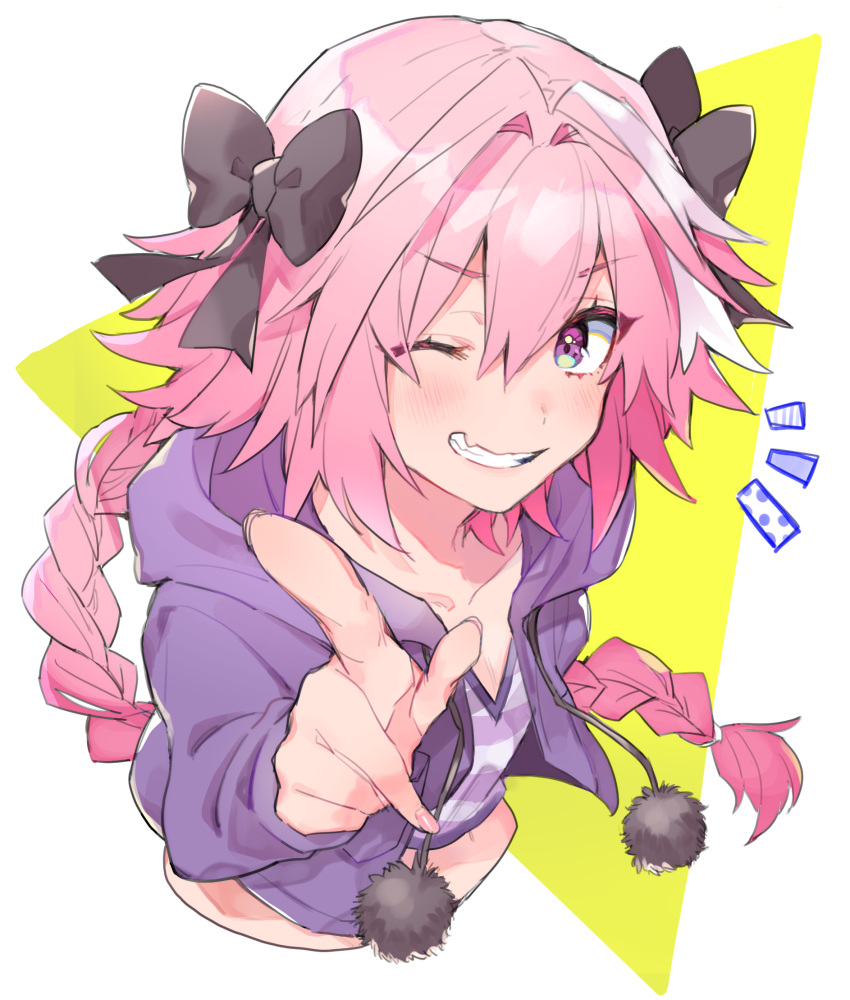 1boy astolfo_(fate) bangs black_bow bow cropped_torso fang fate/grand_order fate_(series) grin hair_bow highres hood hood_down hooded_jacket index_finger_raised jacket long_braid long_hair looking_at_viewer manami_(fearfac666) multicolored multicolored_eyes multicolored_hair navel notice_lines one_eye_closed otoko_no_ko pink_hair pointing pointing_at_viewer purple_jacket purple_shirt shirt skin_fang smile solo streaked_hair striped striped_shirt very_long_hair