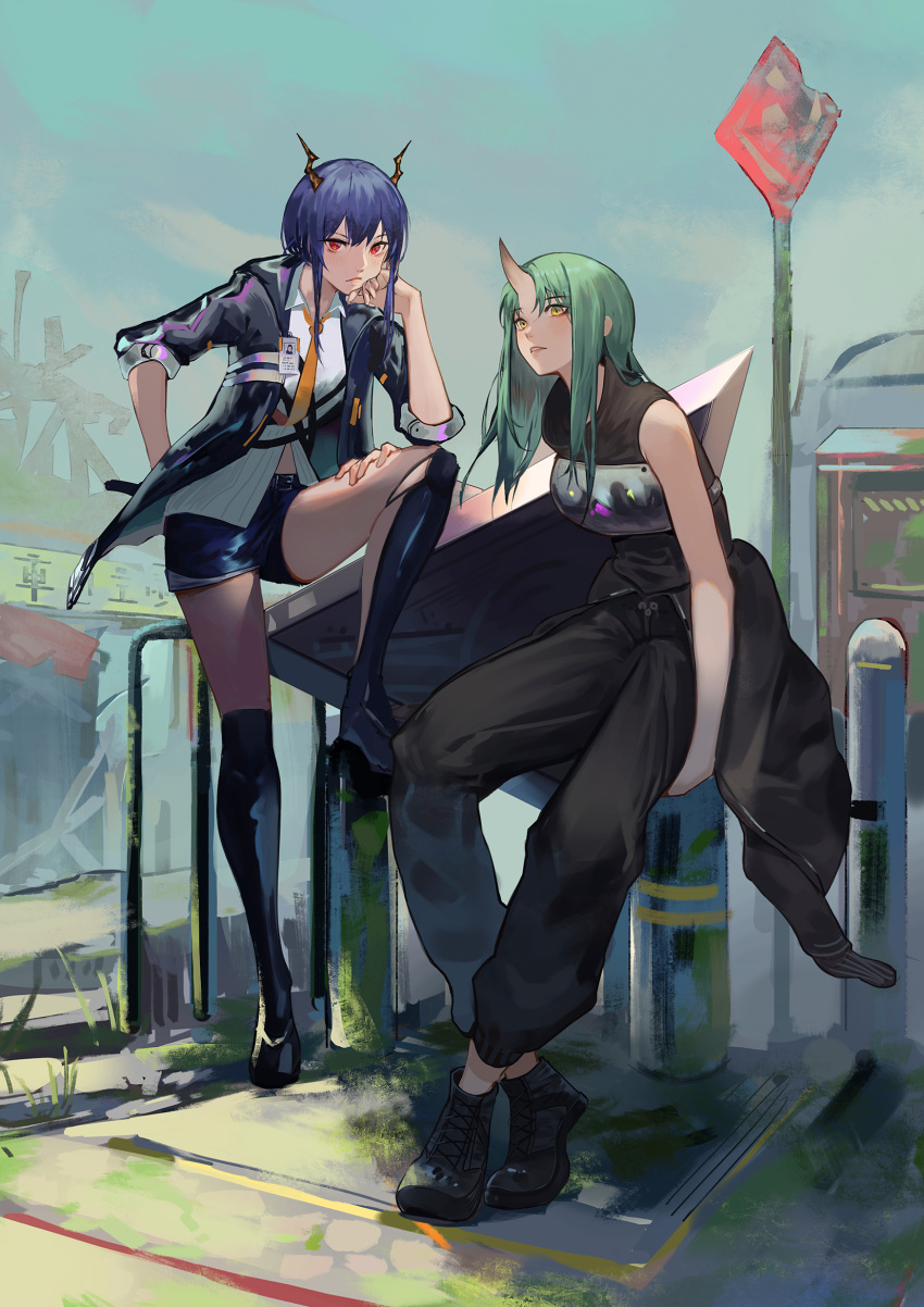 2girls ankle_boots arknights armor bangs bare_arms bare_shoulders black_footwear black_jacket black_pants black_shirt blue_hair boots breastplate ch'en_(arknights) commentary dragon_horns green_hair hand_up hannya_(arknights) highres horn horns hoshiguma_(arknights) jacket krin long_hair looking_at_viewer multiple_girls necktie outdoors pants red_eyes shield shin_guards shirt shoes short_shorts short_sleeves shorts sitting sleeveless sleeveless_shirt thighs white_shirt yellow_eyes yellow_neckwear