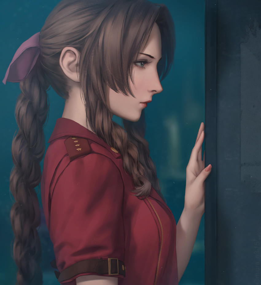 1girl aerith_gainsborough blurry blurry_background bow braid braided_ponytail breasts brown_hair drill_hair final_fantasy final_fantasy_vii final_fantasy_vii_remake green_eyes hair_bow highres jacket lipstick long_hair makeup miura-n315 nail_polish purple_bow red_jacket short_sleeves sidelocks small_breasts solo twin_drills upper_body