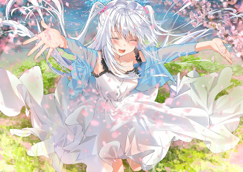 1girl :d blush cherry_blossoms closed_eyes dress hair_ornament highres long_hair mirin_boshi open_mouth original petals smile two_side_up white_dress white_hair